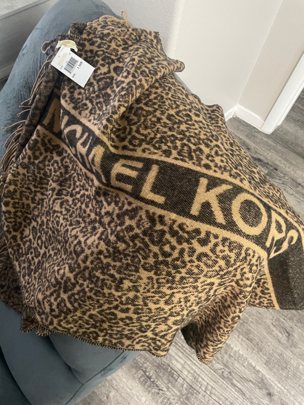 Michael Kors Leopard-Print Logo Blanket Scarf in Brown and Tan